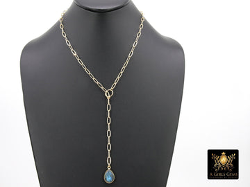 14 K Gold Filled Lariat Drop Necklace, Moonstone or Labradorite Teardrop Gemstone Necklace